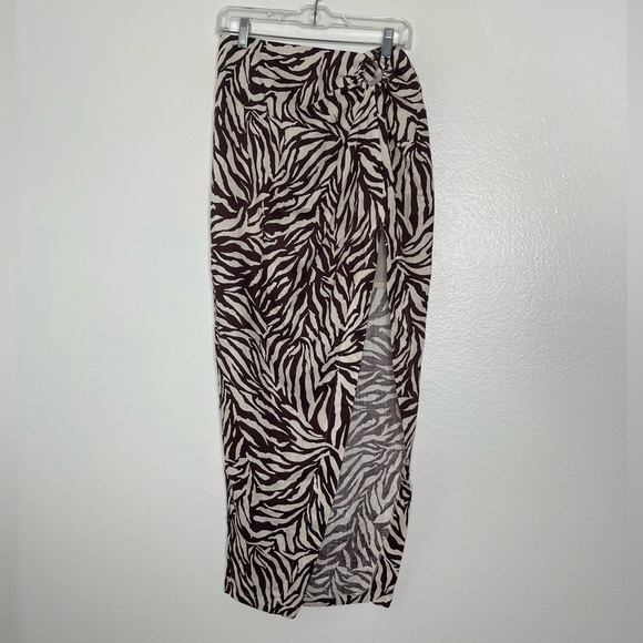 Rumer The Label Cyrus Brown Zebra Print Slit 100% Linen Maxi Skirt Medium New - Picture 2 of 8